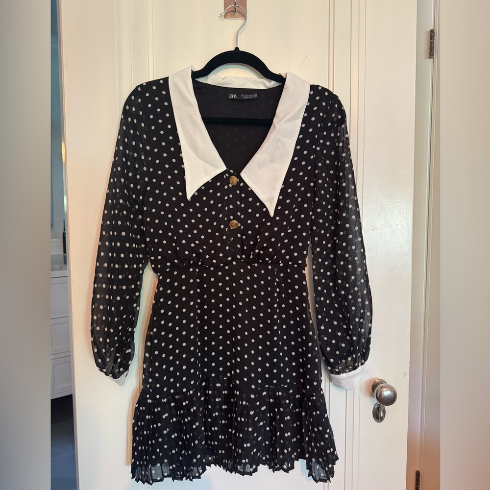 Zara Black Dress with White Polka Dots and Collar